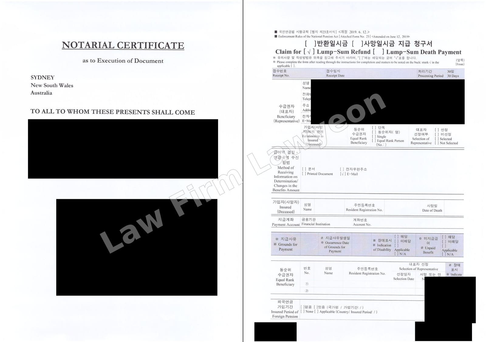 Lump-sum refund claim documents notarised in Australia, with names, registration numbers, contact details, signatures and other identifying information redacted